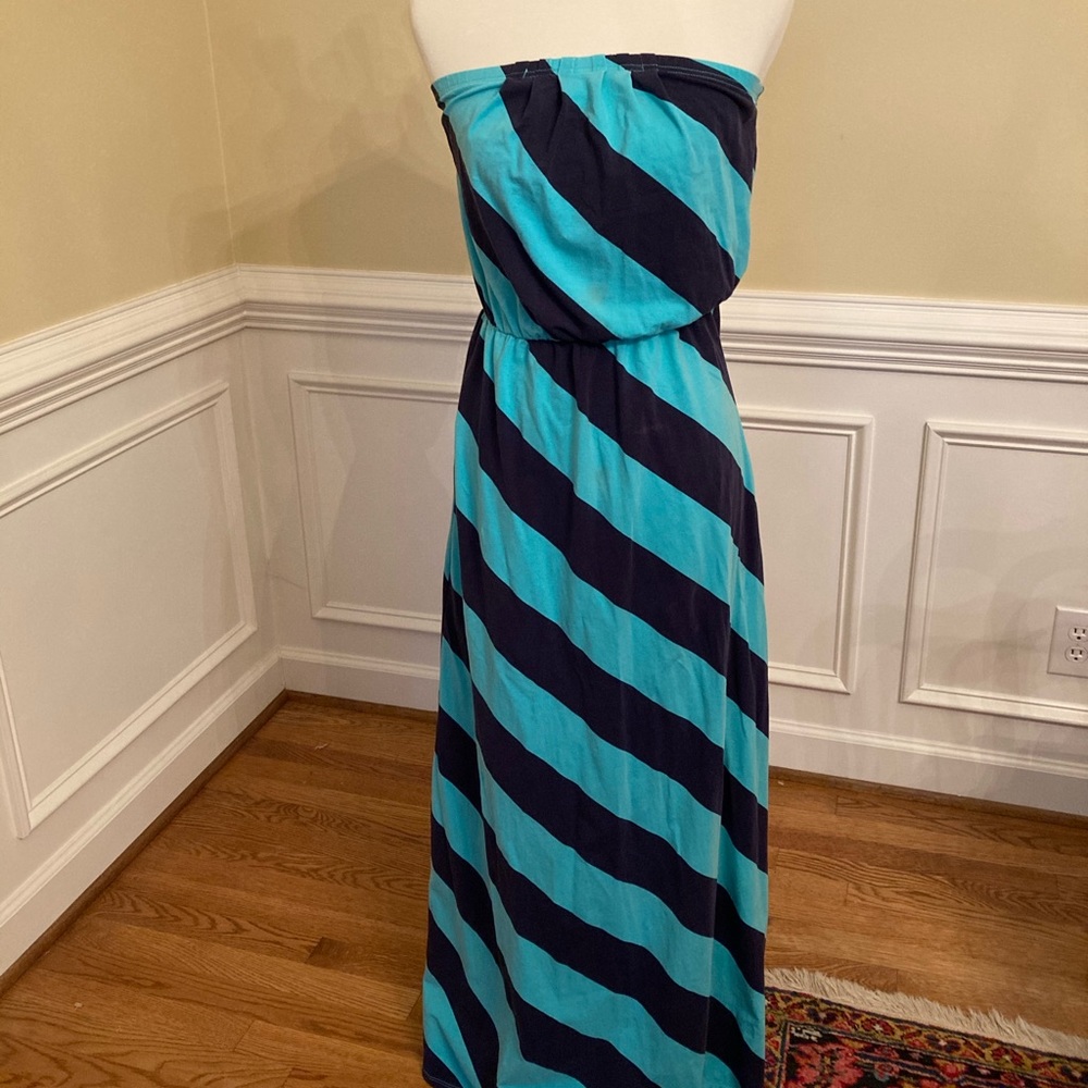 Lilly Pulitzer Strapless Maxi Dress in Teal and Navy Diagonal Stripe